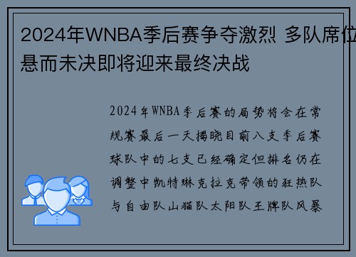 2024年WNBA季后赛争夺激烈 多队席位悬而未决即将迎来最终决战